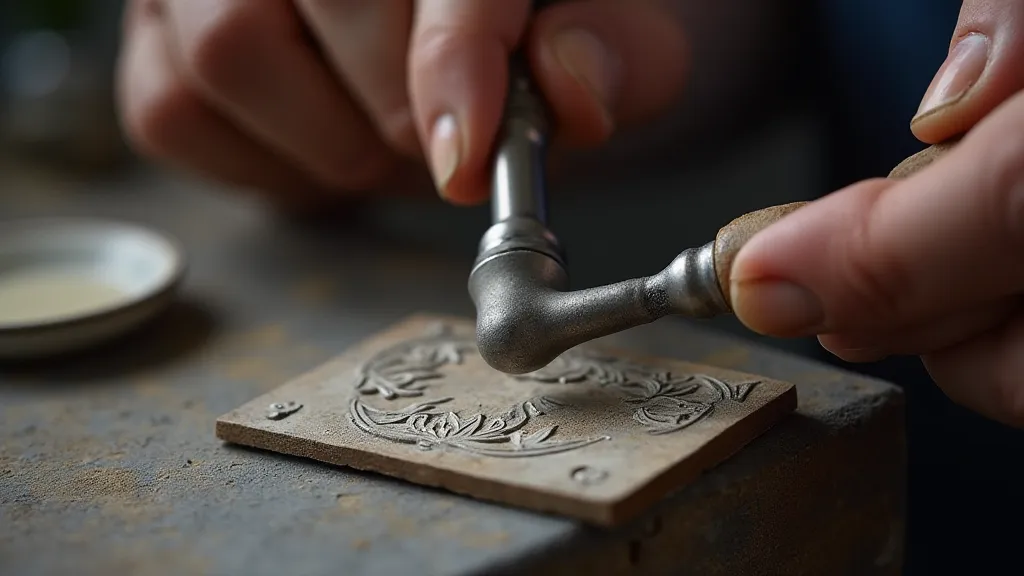 Silversmith working on a repoussé design.