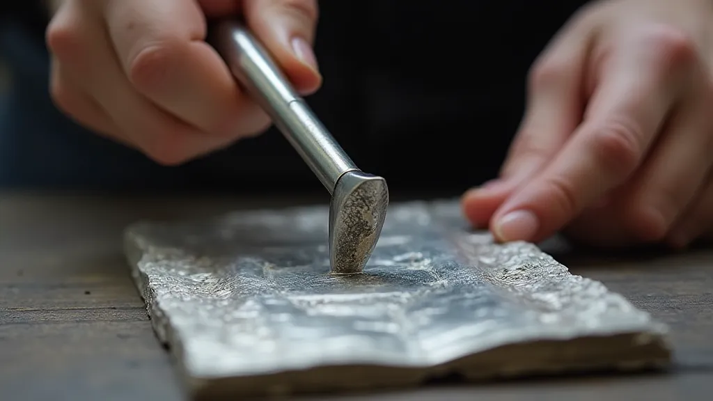 Silversmith pushing silver with a chasing hammer.