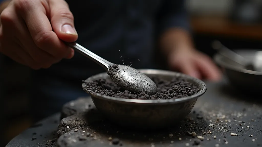 Silver being placed into a dish of charcoal