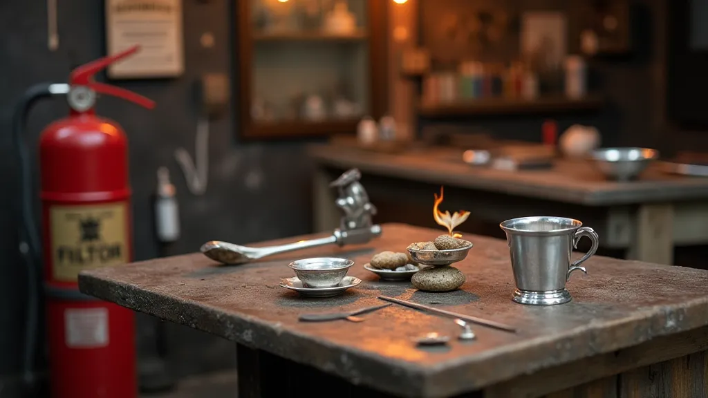 Silversmiths workbench with fire extinguisher