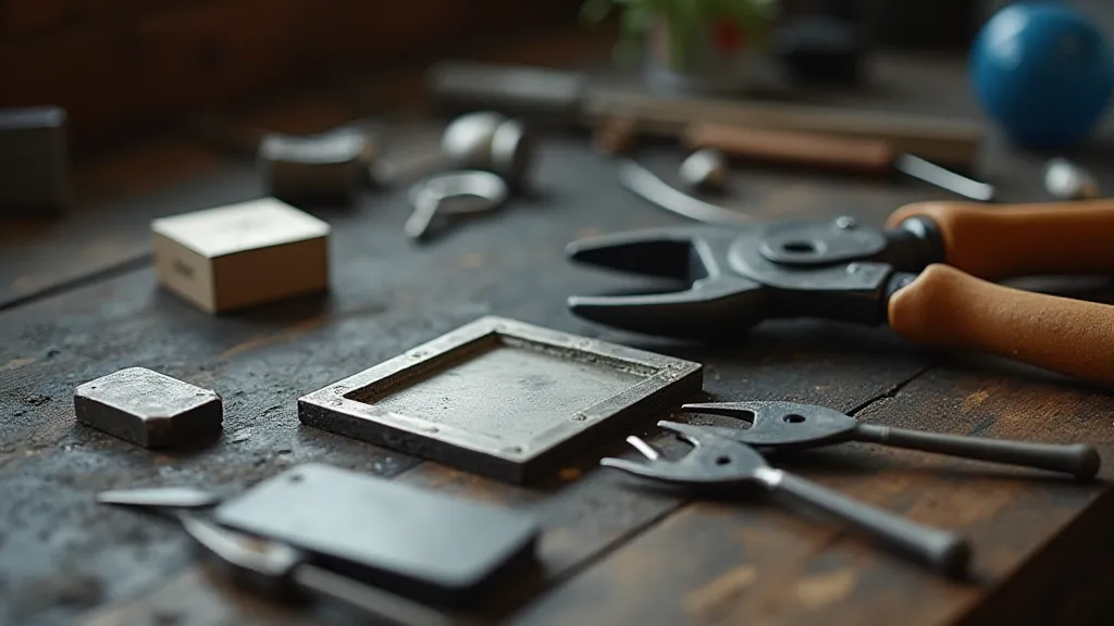 Silversmithing tools arranged on a workbench