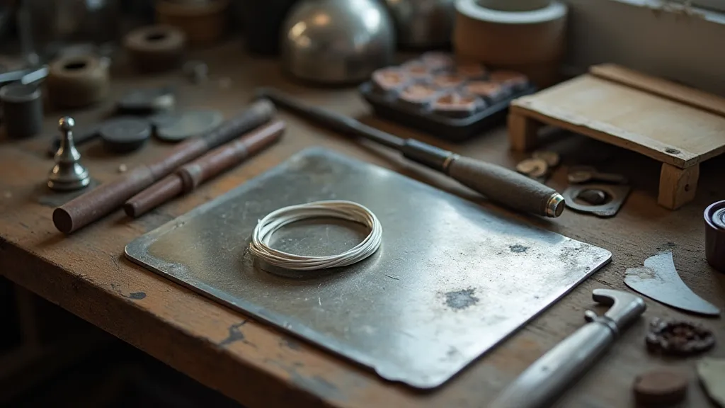 Silversmith's workbench with tools and sterling silver